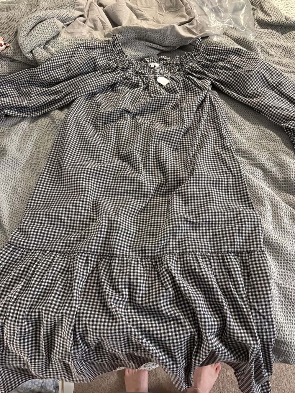 Taylor Tillman New York Black And White Gingham Off The Shoulder Midi Dress Size